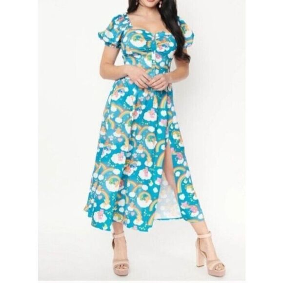Unique‎ Vintage  x Care Bears Dress Size Medium 6/8  Blue Daydream Print Midi - Picture 1 of 12